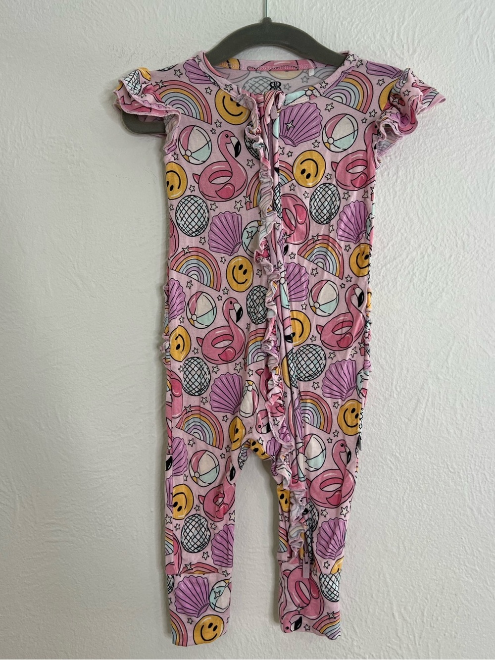 Bums & Roses Girls Pink Flamingo & Rainbow One-Piece Romper size 6-9 months